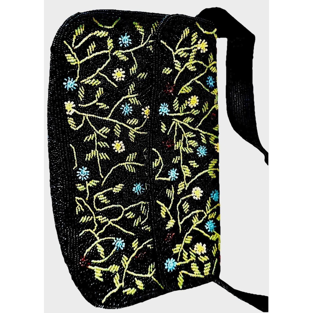 BARSE Beaded Floral Handbag Purse Black Multicolor Staud Anthropologie Boho Chic